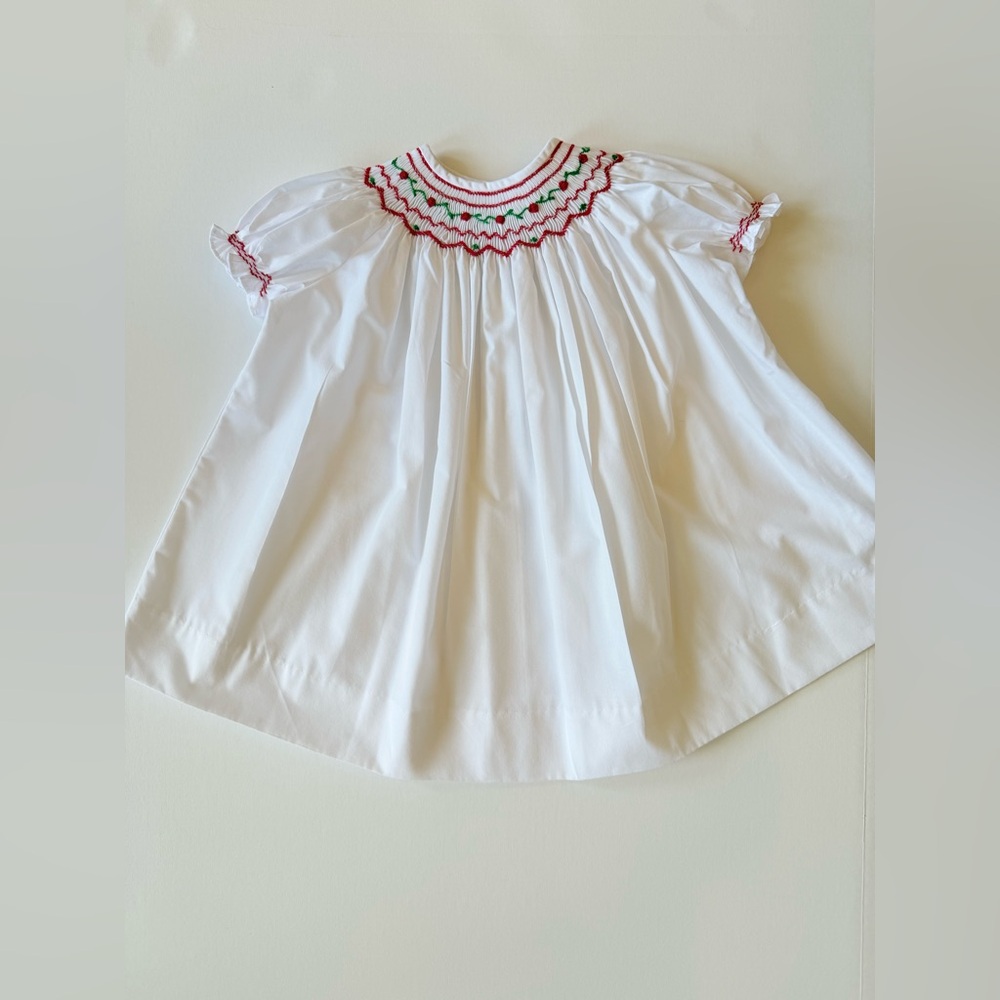 White Smocked Short-Sleeve Kids Dress with Red & Green Accents